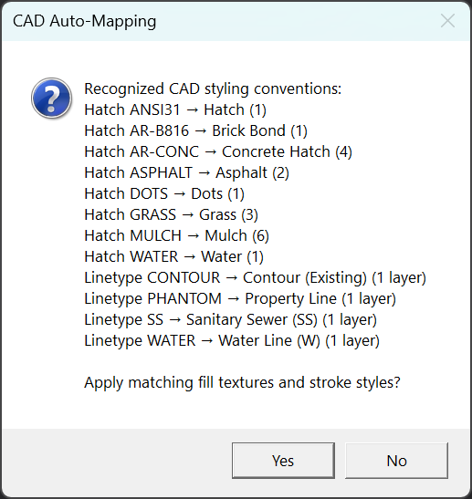 The Recognized CAD styling conventions dialog, listing the matched hatches and linetypes
