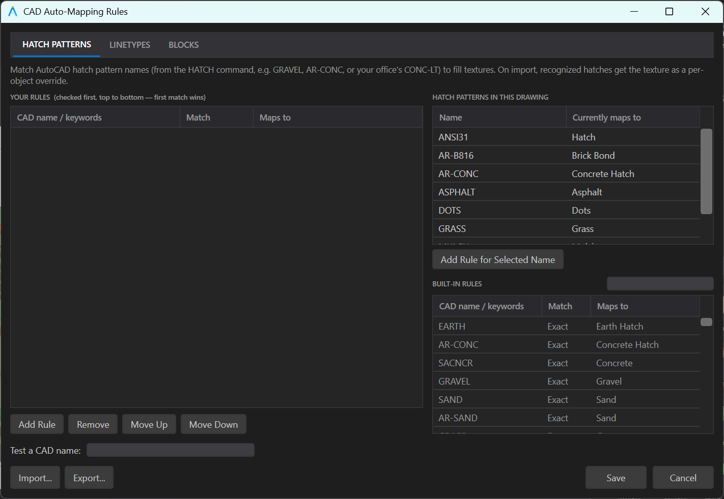 The CAD Auto-Mapping Rules dialog: the rules grid, patterns in this drawing, built-in rules and the test probe