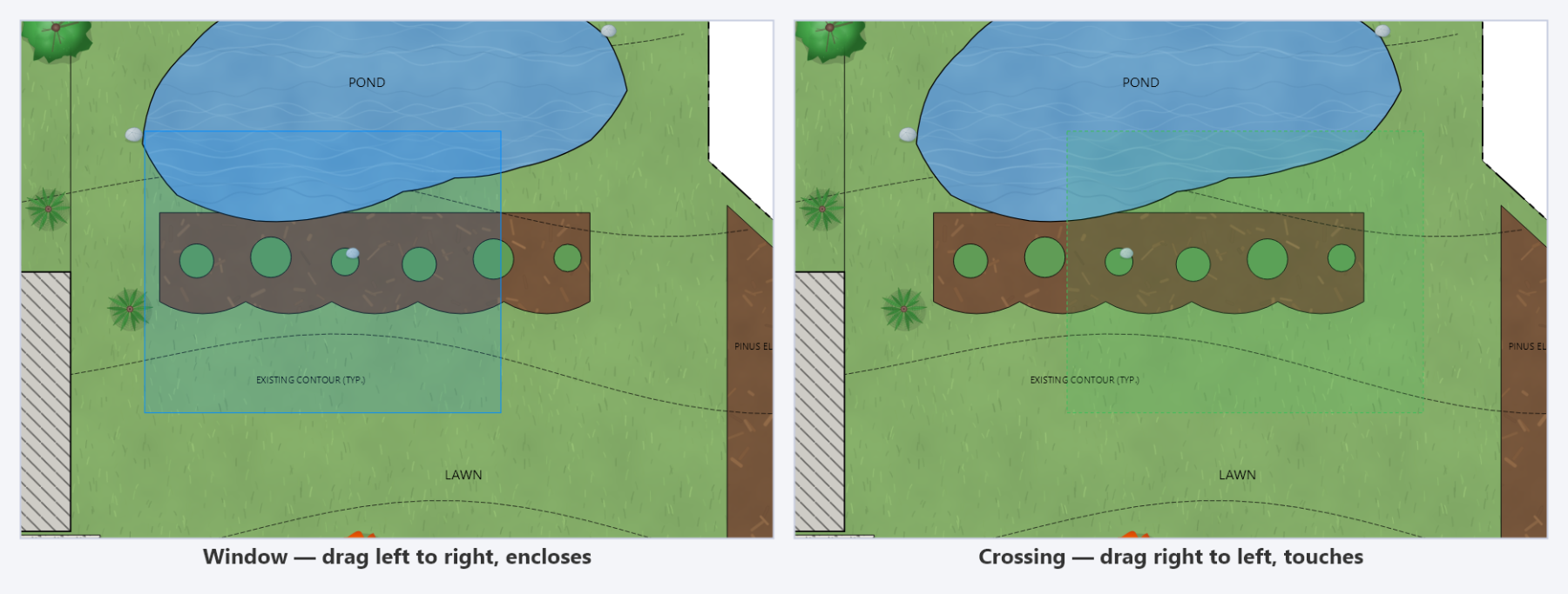 A window selection box in solid blue and a crossing selection box in dashed green, mid-drag