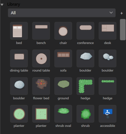 The Library panel with its category list and a grid of symbol tiles