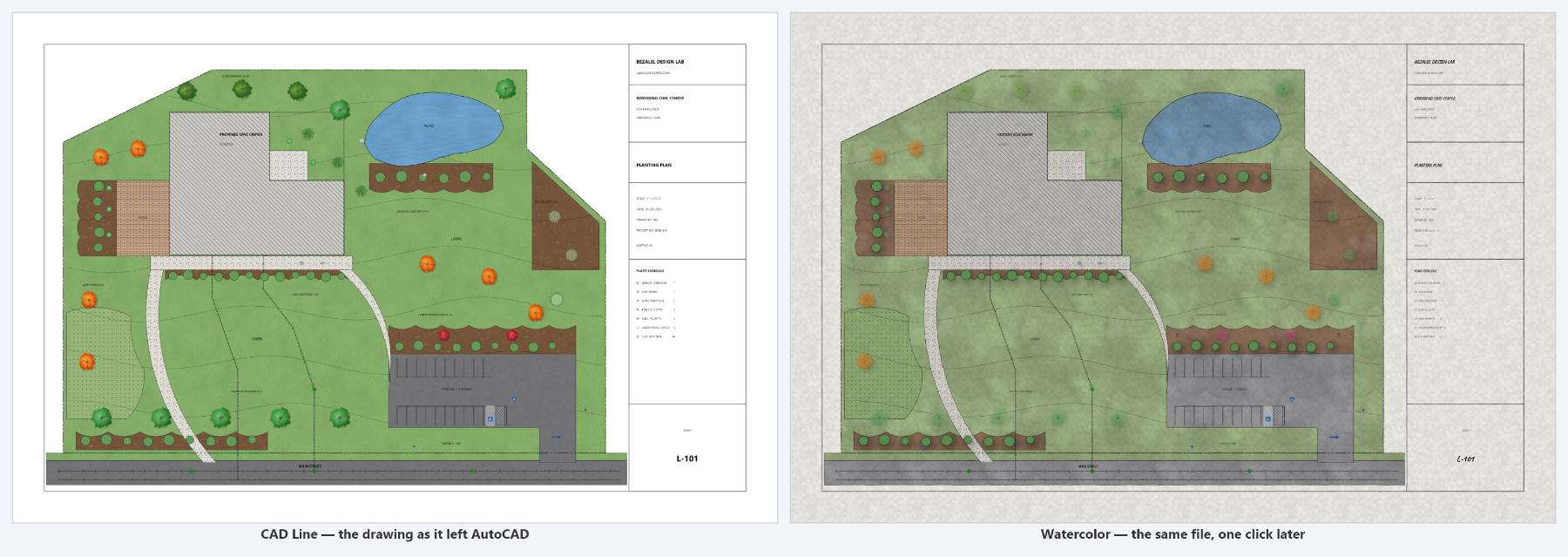 The same drawing rendered in the CAD Line look and the Watercolor look, side by side