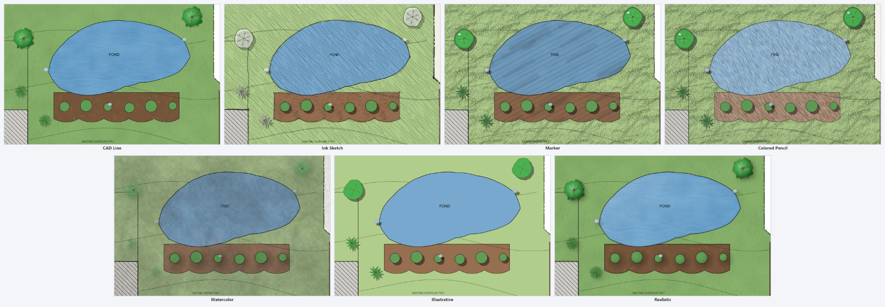 The same corner of the sample plan rendered in all seven looks, each tile labeled