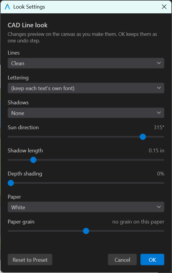 The Look Settings dialog with all of its controls visible