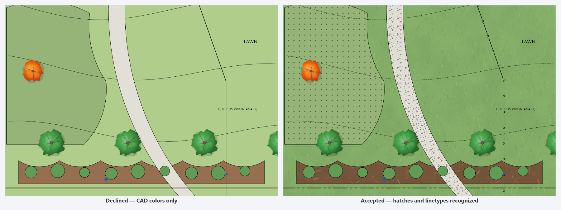 The same drawing with auto-mapping declined and with it accepted