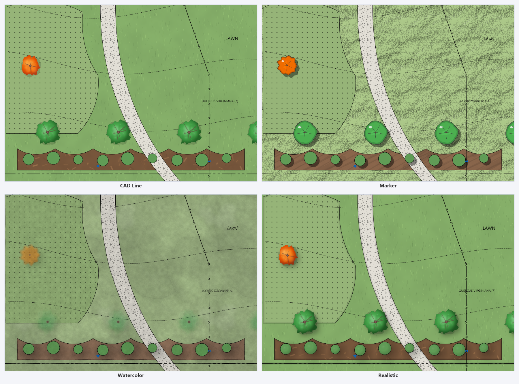 The same material-tagged area rendered in the CAD Line, Marker, Watercolor and Realistic looks