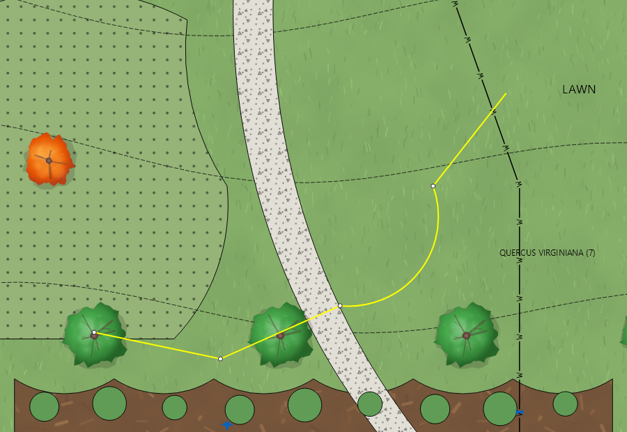 A path being drawn: placed points, one arc segment, and a rubber band to the cursor