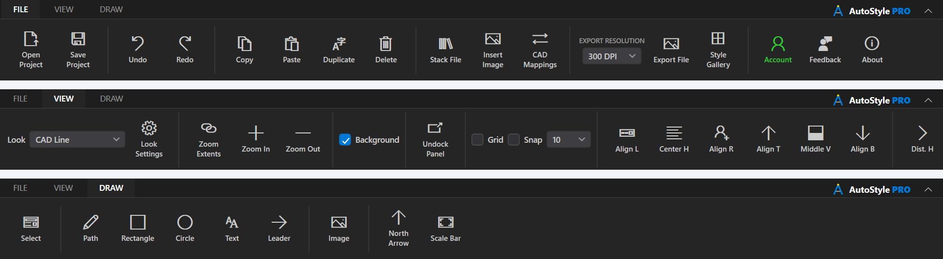 The FILE, VIEW and DRAW ribbon tabs, stacked