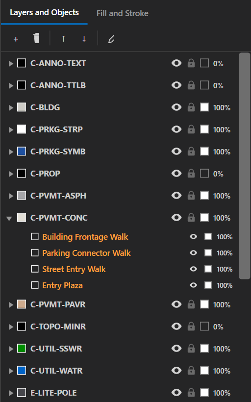 The Layers and Objects panel with one layer expanded, showing eye and lock icons and per-layer opacity