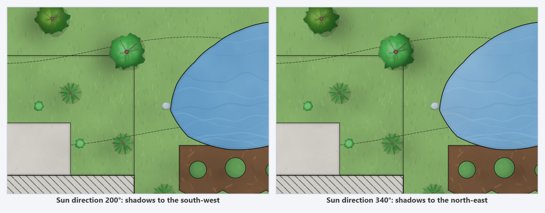 Two crops of the same trees rendered at different sun angles