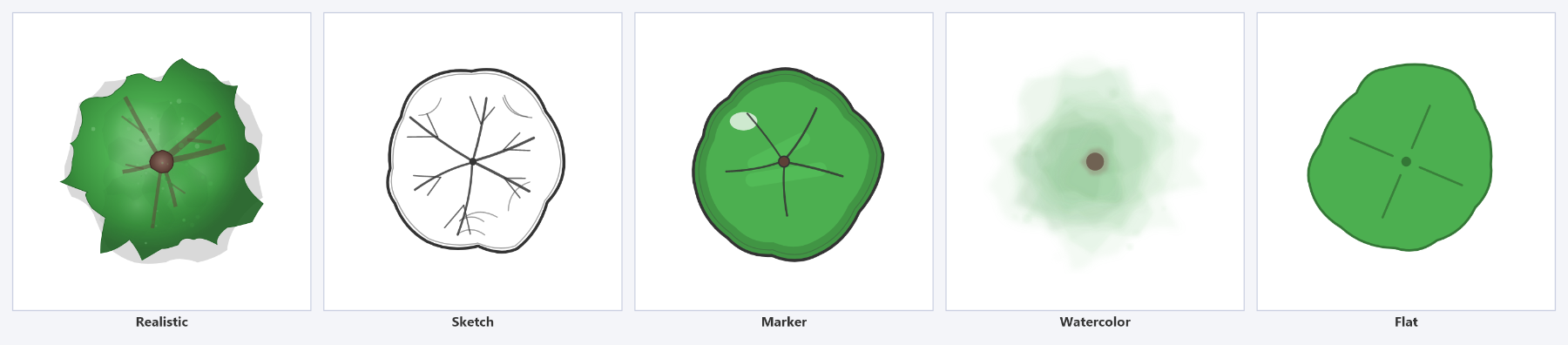 One tree symbol drawn in the realistic, sketch, marker, watercolor and flat families