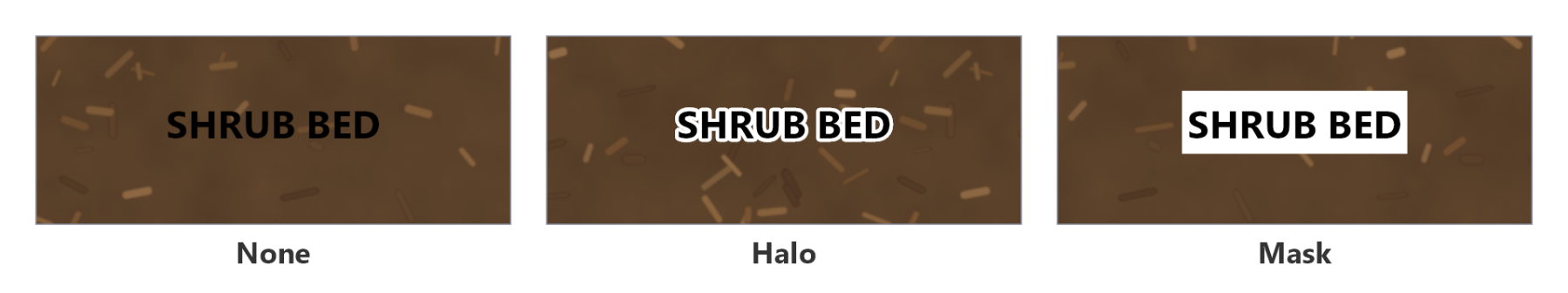 The same label over a hatched fill with no backdrop, with a halo, and with a mask