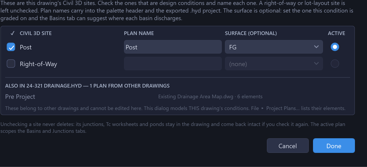 Plans dialog in the proposed drawing: its own sites above, and the existing drawing's plan listed read-only below