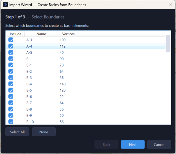Import LandXML dialog showing parcel selection