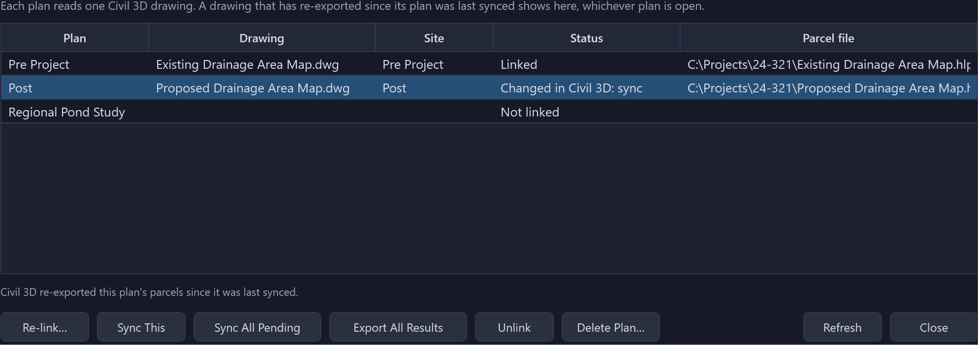 Linked Drawings dialog: the existing plan current, the proposed plan waiting for a sync after Civil 3D re-exported it, and a desktop-only plan