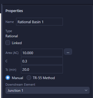 Rational Basin 1 properties showing Area=10, C=0.30, Tc=20