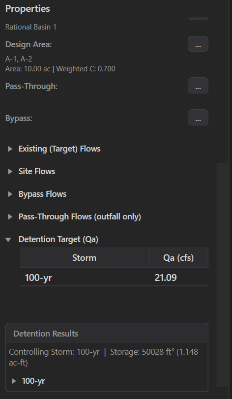 MRM basin properties showing Standard method, Use Model Elements, basin roles, and detention results