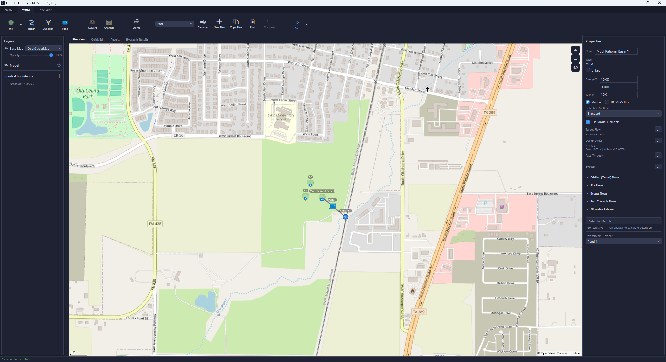 Post-development plan showing A-1, A-2, MRM basin, Pond 1, and Junction 1