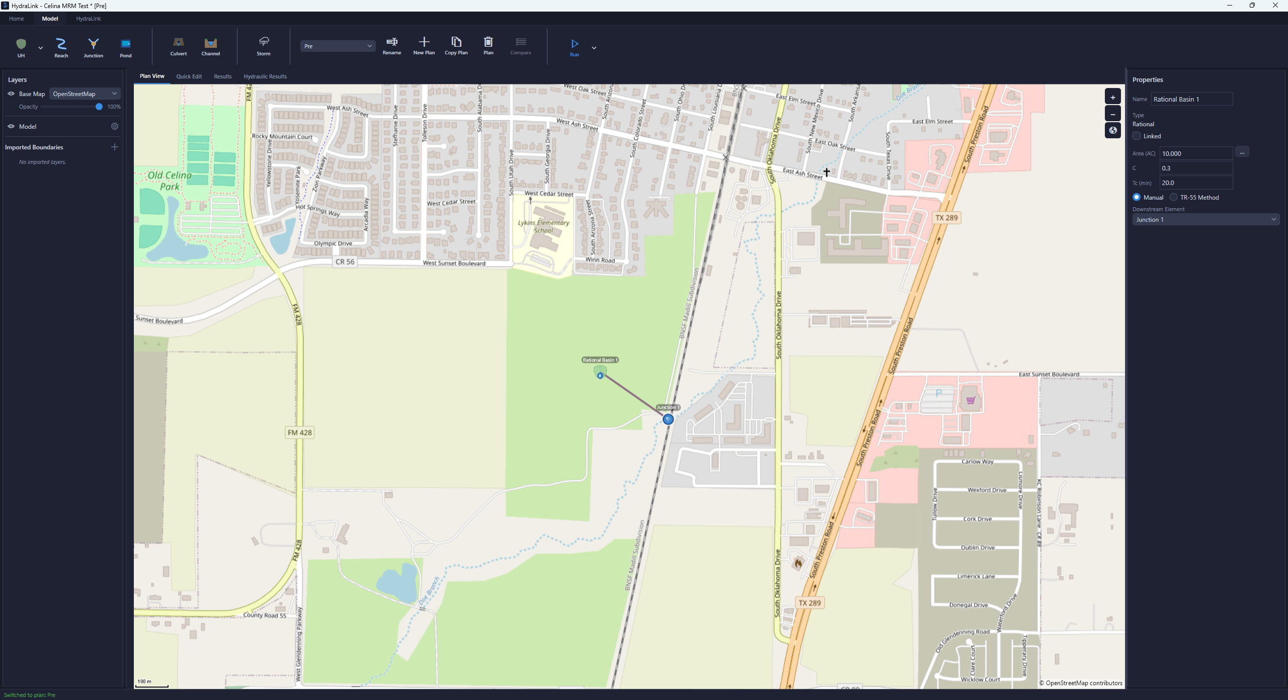 Pre-development plan showing Rational Basin 1 connected to Junction 1