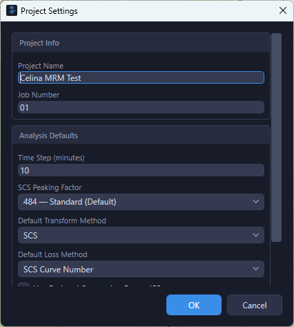 Project Settings dialog showing Celina MRM Test