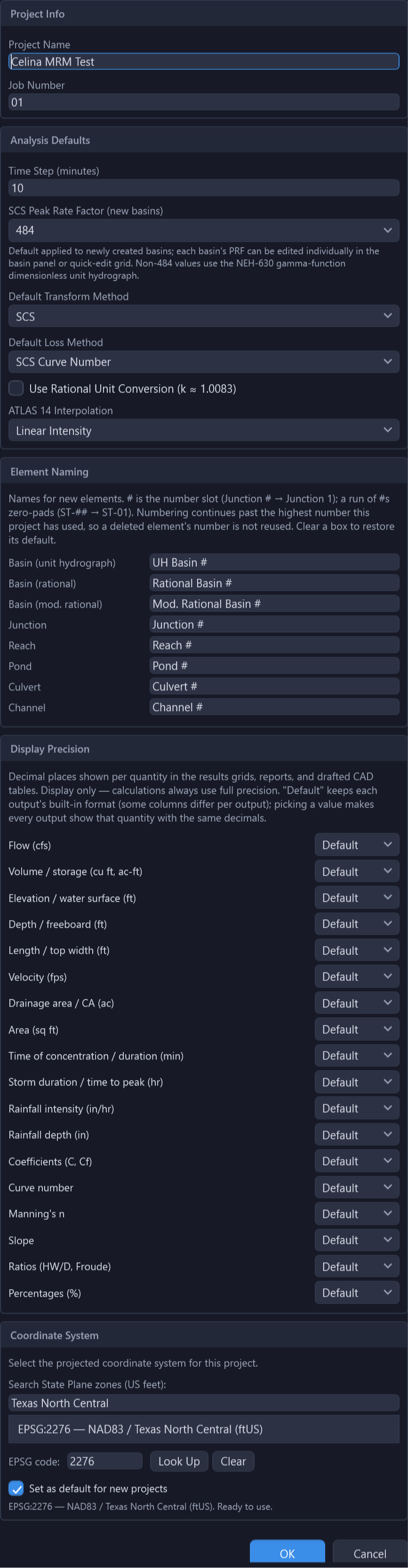 Project Settings dialog showing Celina MRM Test