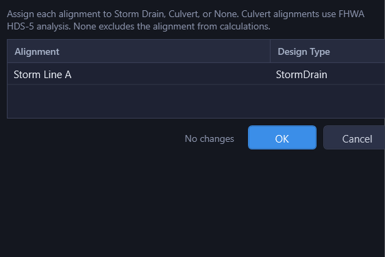 Alignment Types editor listing each alignment with a Storm Drain, Culvert, or None assignment