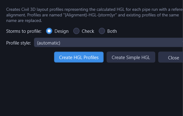 Create HGL Profiles dialog showing the Storms to profile radios, Profile style combo, and the Create HGL Profiles / Create Simple HGL / Close buttons
