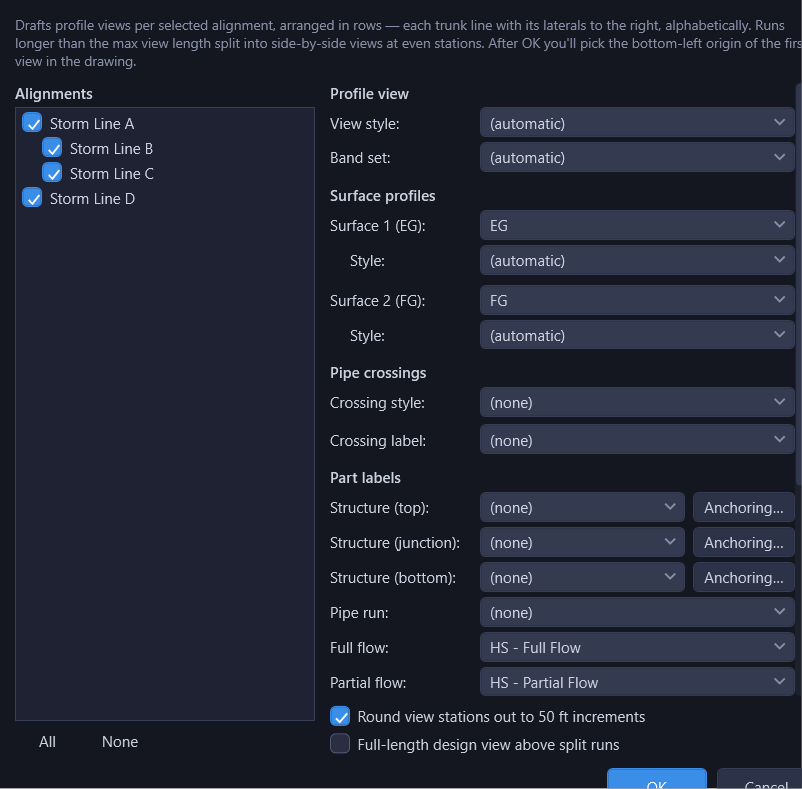 Create Profile Views options dialog with alignment checklist and spacing settings