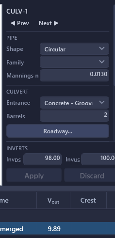 Culvert properties panel showing barrel count set to 2 for a twin-barrel crossing