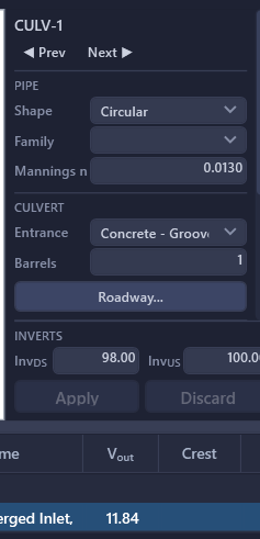 Culvert properties panel — entrance type, barrel count, and tailwater condition