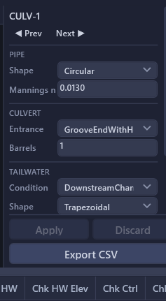 Tailwater configuration panel showing downstream channel parameters for a trapezoidal channel