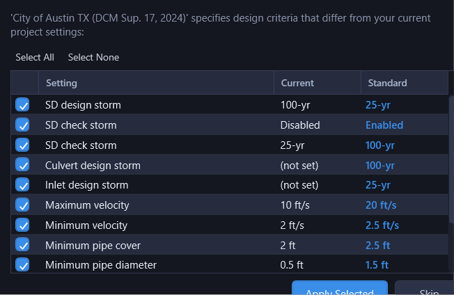 Design criteria prompt listing each value that differs between the standard and the project