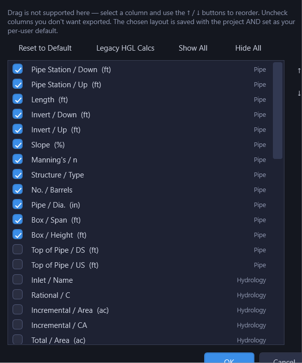 Export dialog showing column configuration with checkboxes and reorder buttons