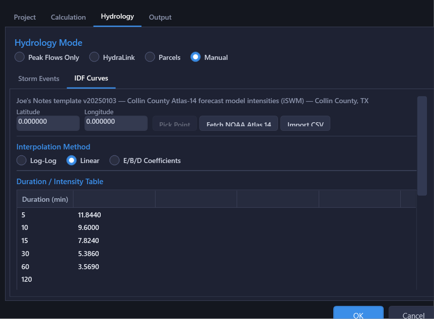CSV import dialog showing parsed NOAA data and fitted coefficients