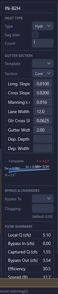 Bypass target dropdown for an inlet, with the bypass chain visible in the results table