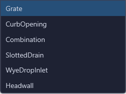 Inlet type category selection dropdown showing available categories