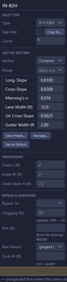 Inlet property panel — inlet type, sag flag, count, and gutter geometry for the selected inlet