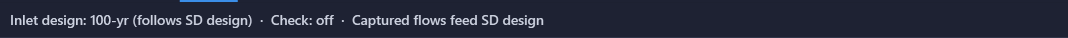 Inlet tab storm banner showing the design/check storm summary and the Storm Events... button