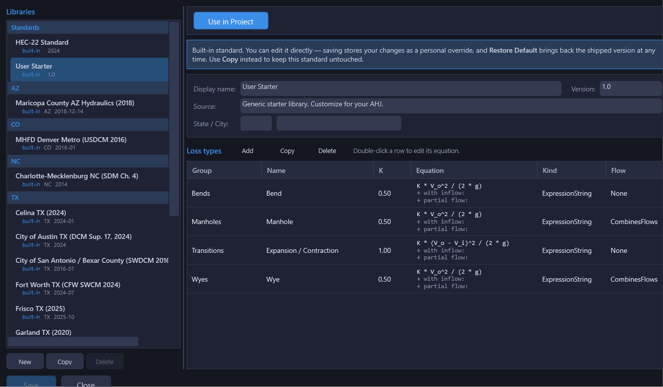 Library list showing built-in libraries grouped by category with the active library indicator