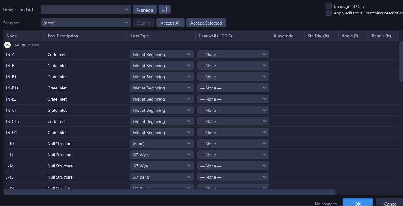 Property panel showing the loss type dropdown and Kj override field for a selected structure