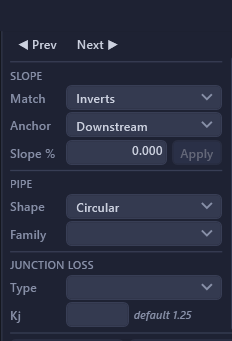 Property panel showing editable pipe geometry fields for a selected pipe