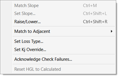 Right-click context menu on a pipe row showing "Reset HGL to Calculated" option