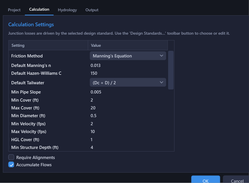 Calculation tab with methodology and constraint settings