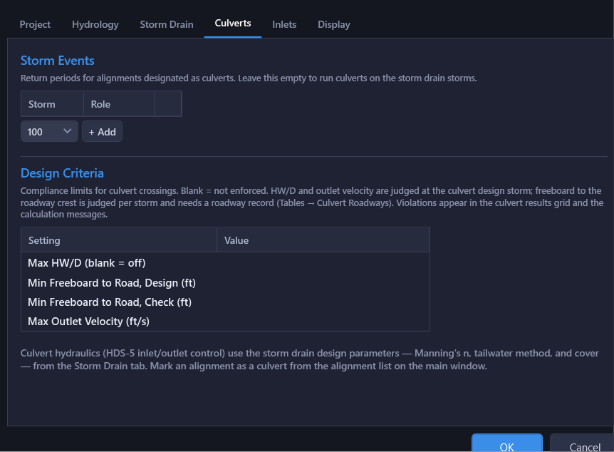 Project Settings Culverts tab