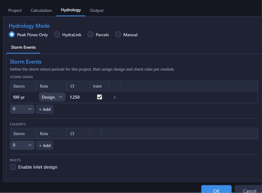 Project Settings showing Peak Flows Only mode selected