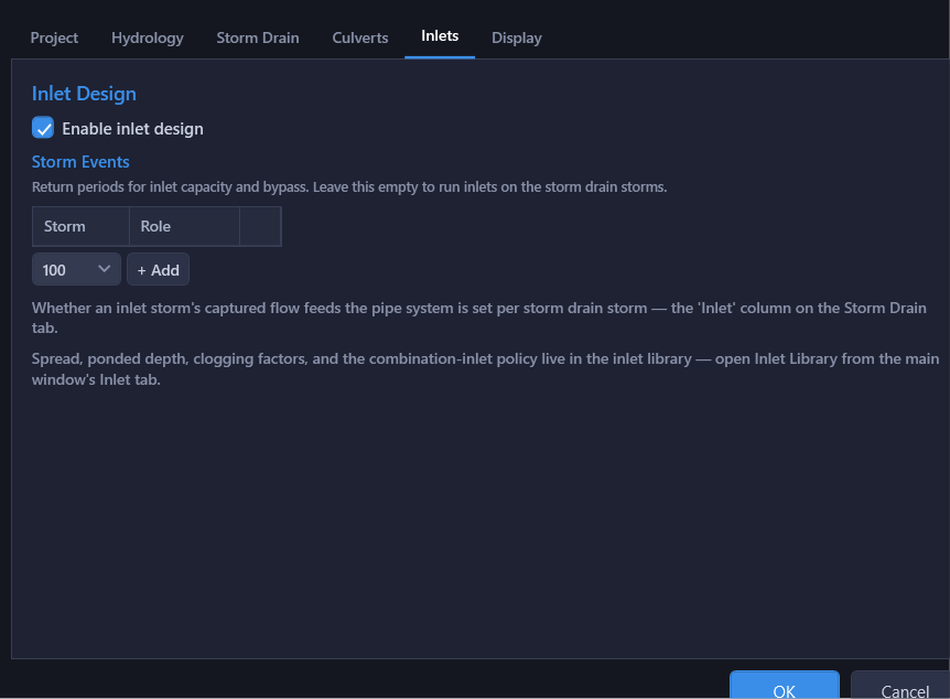 Project Settings Inlets tab — module enable and inlet library selection