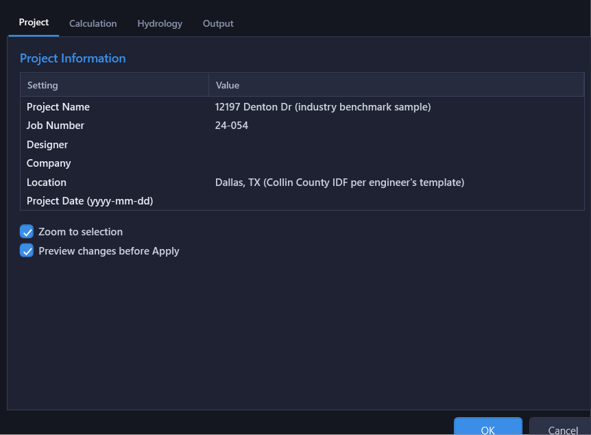 Project Settings dialog showing hydrology mode and storm event roles